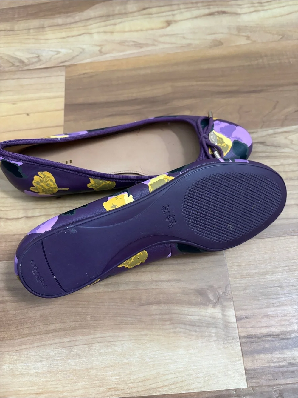Coach Lara Floral Tumbled Leather Ballet Flats Plum Size 7